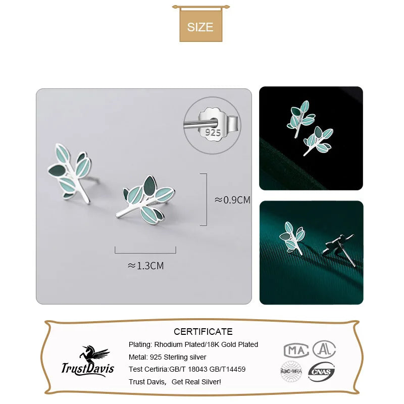 TrustDavis Real 925 Sterling Silver Fashion Green Glaze Leaves Stud Earrings For Women Wedding Birthday Present Jewelry DB340