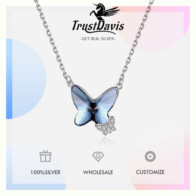 TrustDavis Real 925 Sterling Silver Women's Fashion Sweet Blue Crystal Butterfly Necklace for Women Gril Gift Jewelry DS4218