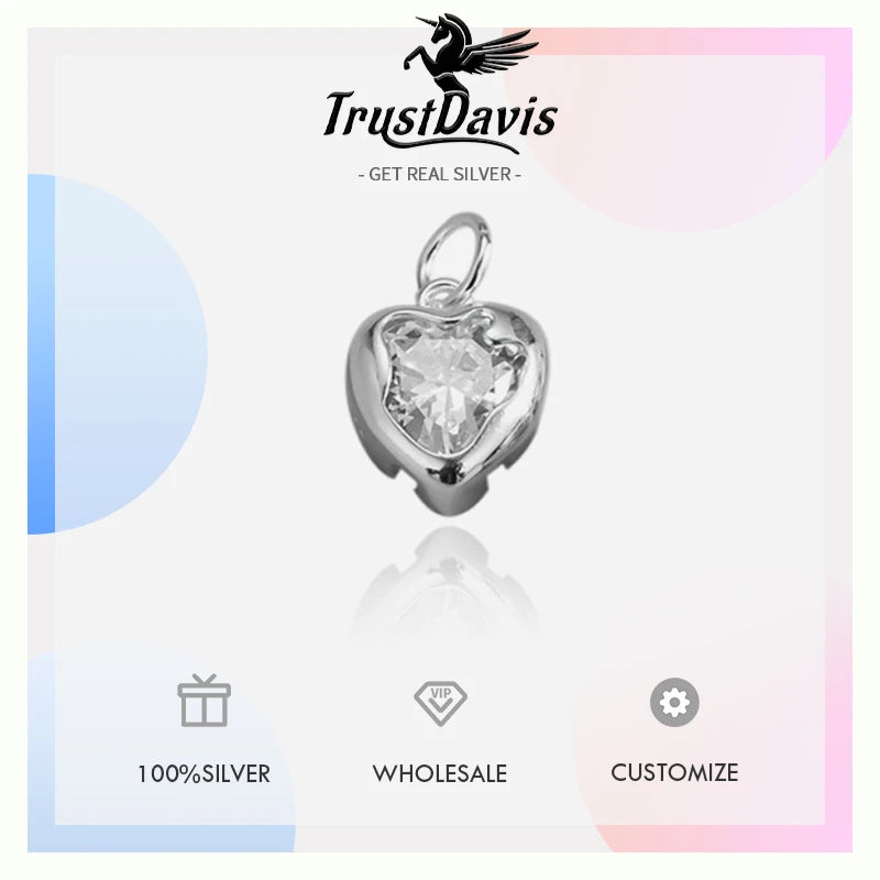 TrustDavis Real 925 Sterling Silver Sweet Zircon Heart Charm Pendant Handmade DIY Accessories Fine Jewelry Wholesale DZ1773