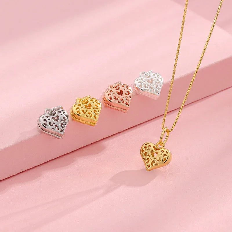 TrustDavis 925 Sterling Silver Fashion Cute Hollow Pattern Heart Pendant DIY Necklace Bracelet Accessories Fine Jewelry DZ1848