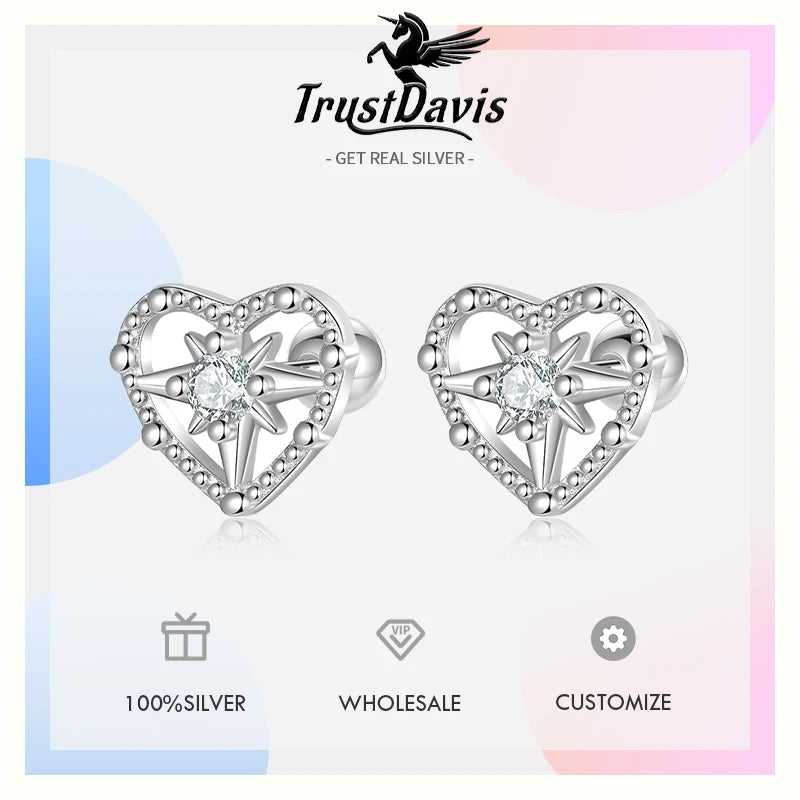 Real 925 Sterling Silver Heart Zircon Stud Earrings DS4022