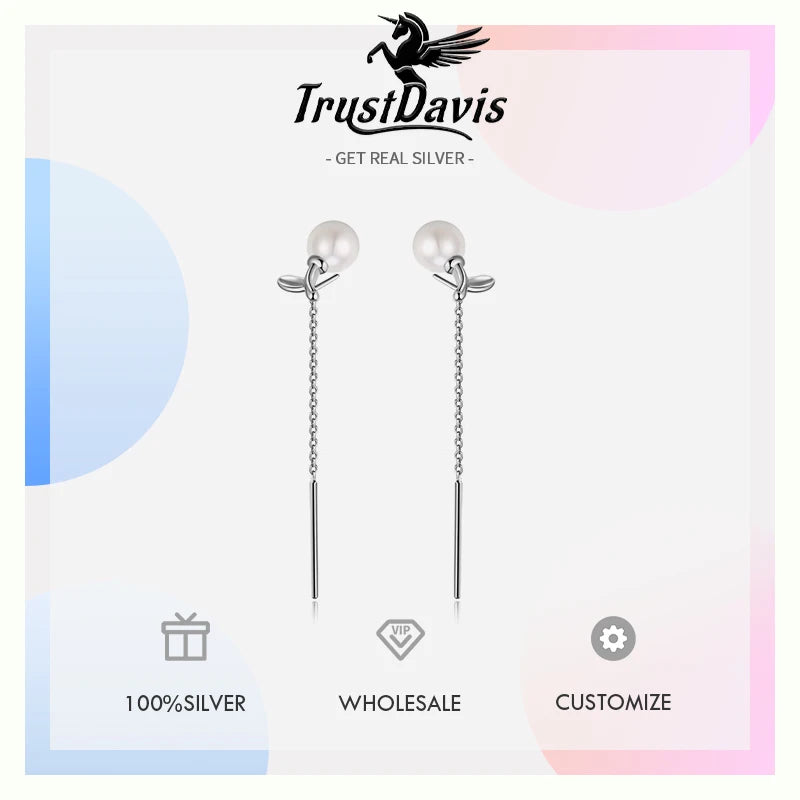 Trustdavis Genuine 925 Sterling Silver Fashion Romantic Leaf Pearl Tassel Ear Line for Women Fashion Silver 925 Jewelry DS4127