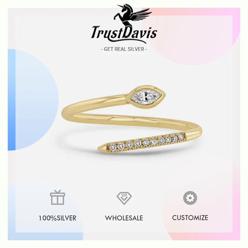 TrustDavis Real 925 Sterling Silver Women's Ring Fashion Simple Snake-shaped Zircon Open Ring for Women Girl Jewelry Gift DS4654