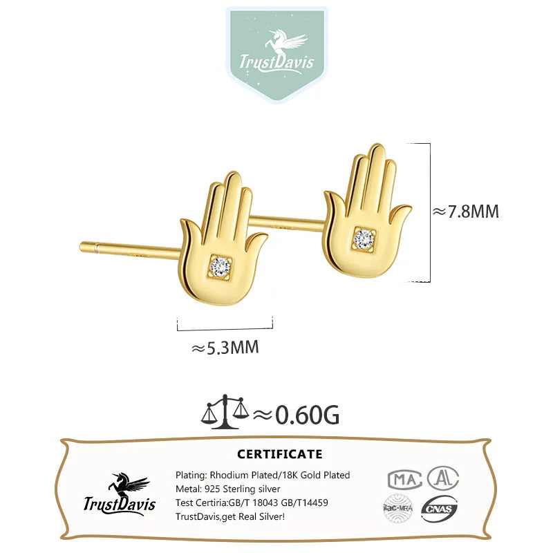 TrustDavis 925 Sterling Silver Women's Fashion Simple Devil Half Palm Zirconia Earrings for Women Girls Jewelry Gift DS4280