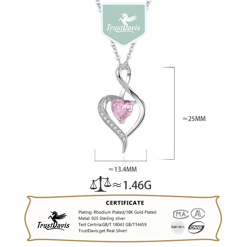 TrustDavis 925 Sterling Silver Women's Heart Shaped with Heart Diamond Necklace for Mother's Day Birthday Gift Jewelry DS4193