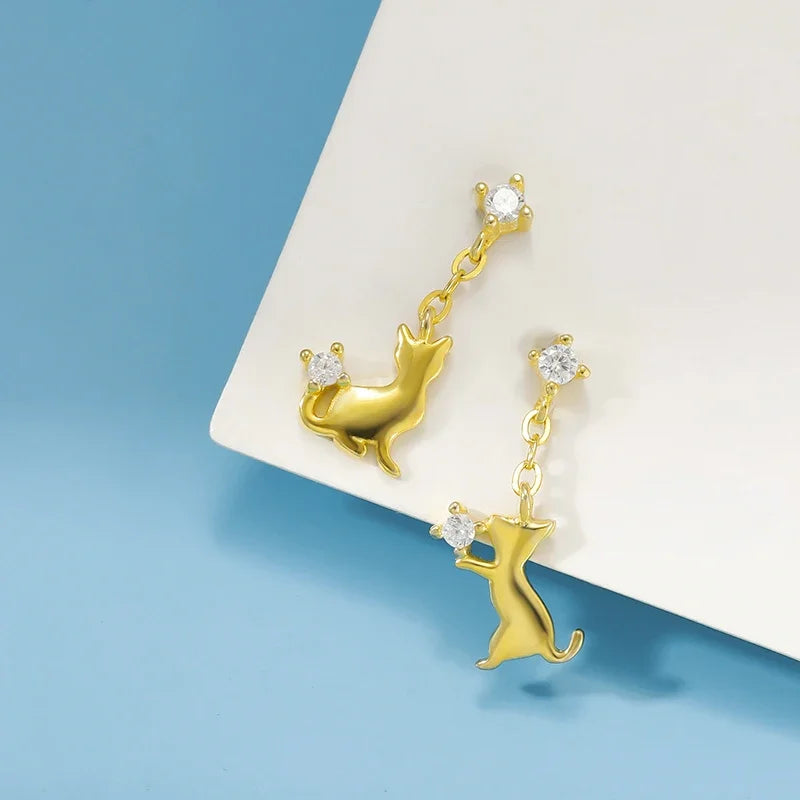 TrustDavis Real 925 Sterling Silver Cute Asymmetric Cats CZ Stud Earring For Women Daughter Birthday Gift Fine Jewelry DS4620