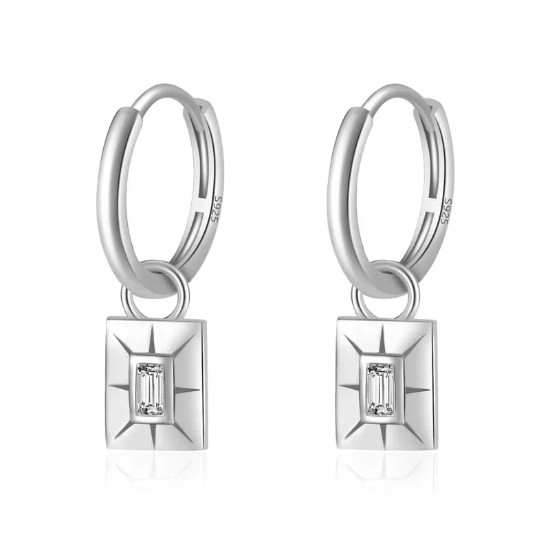 18K Gold Square Shiny CZ Pendant Hoop Earrings DF248