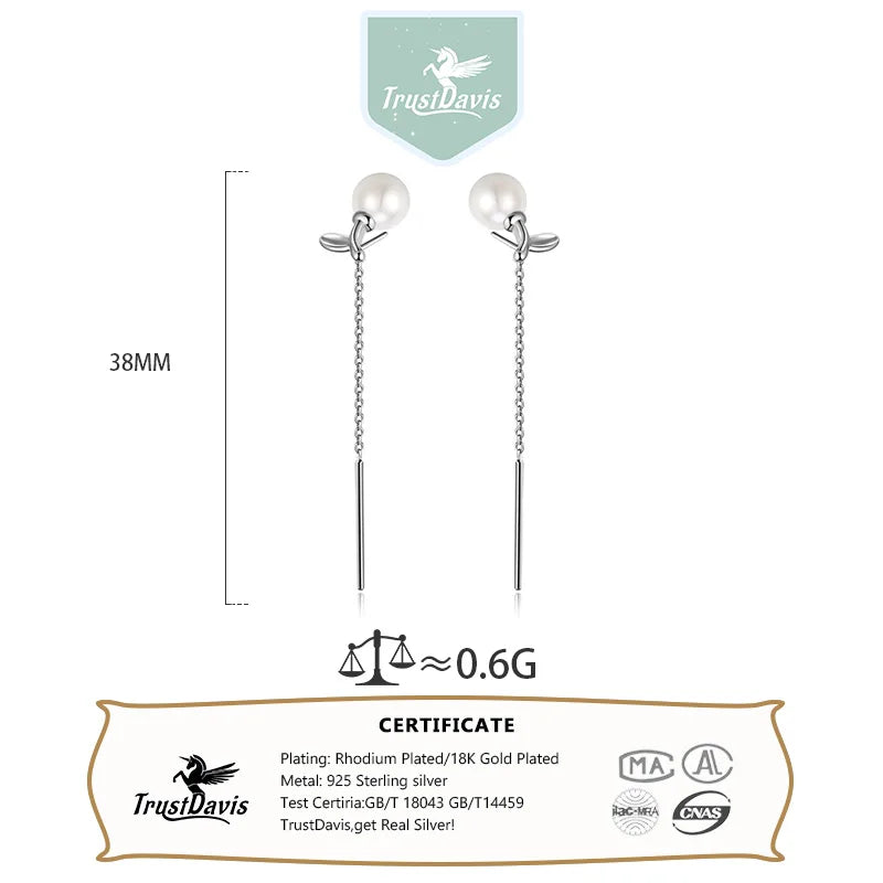Trustdavis Genuine 925 Sterling Silver Fashion Romantic Leaf Pearl Tassel Ear Line for Women Fashion Silver 925 Jewelry DS4127