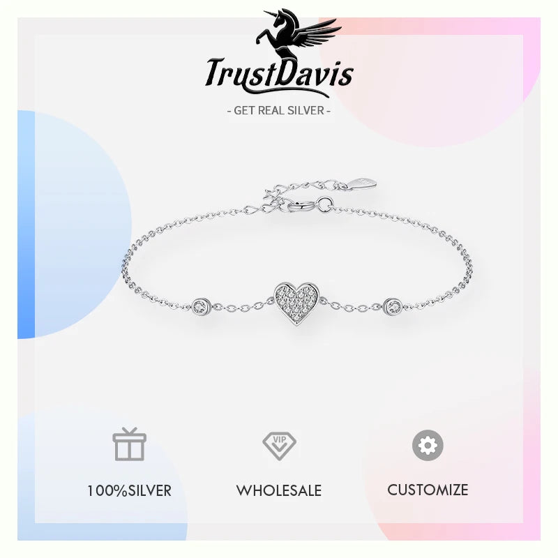 TrustDavis 925 Sterling Silver Women's Fashion Simple Heart/Star/Moon/Butterfly Bracelet for Women Girls Jewelry Gift DS4260