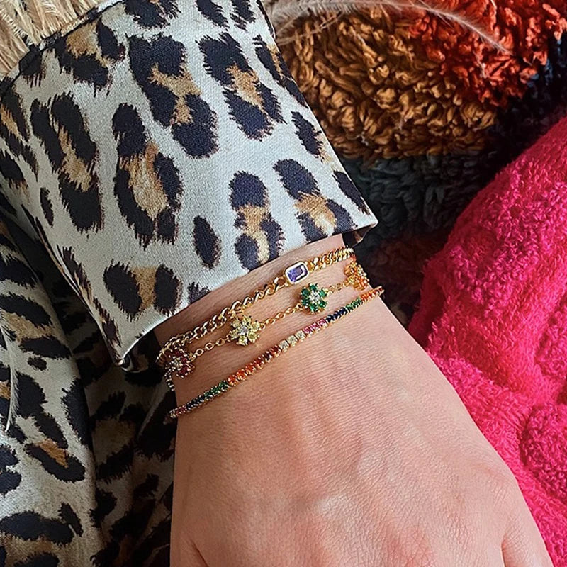 TrustDavis 925 Sterling Silver Women's Fashion Simple Colorful Flower Zircon Bracelet for Women Girls Jewelry Gift DS4451