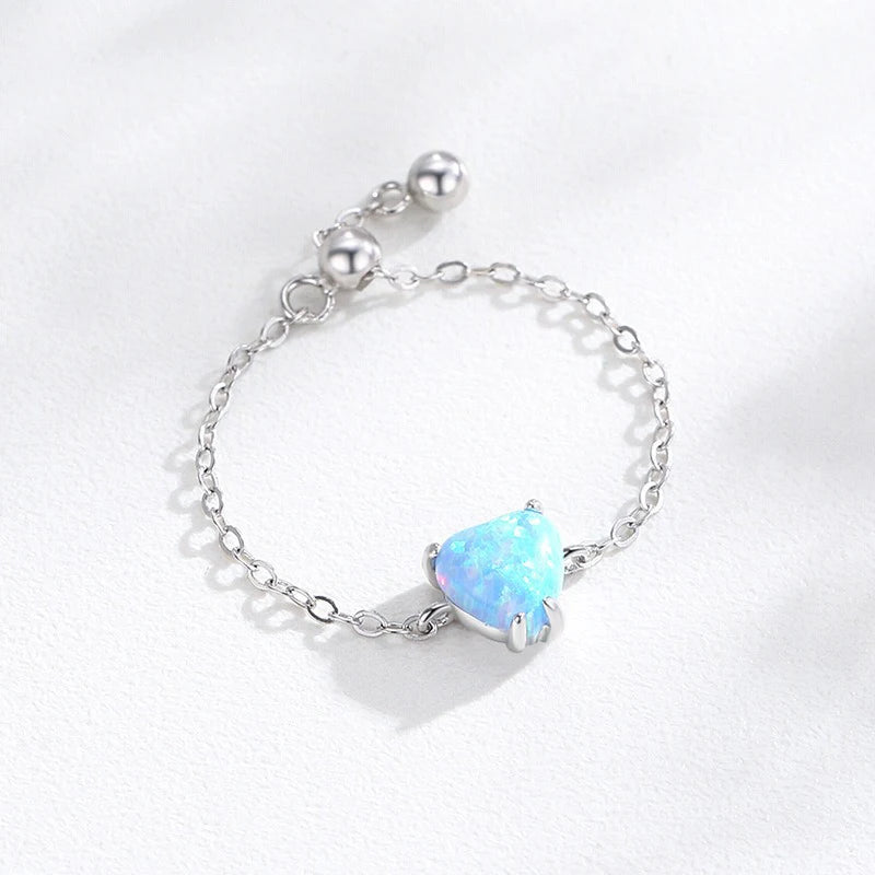 TrustDavis Real 925 Sterling Silver Women's Fashion Simple Blue Opal Heart Adjustable Ring for Women Girls Gift Jewelry DS4233