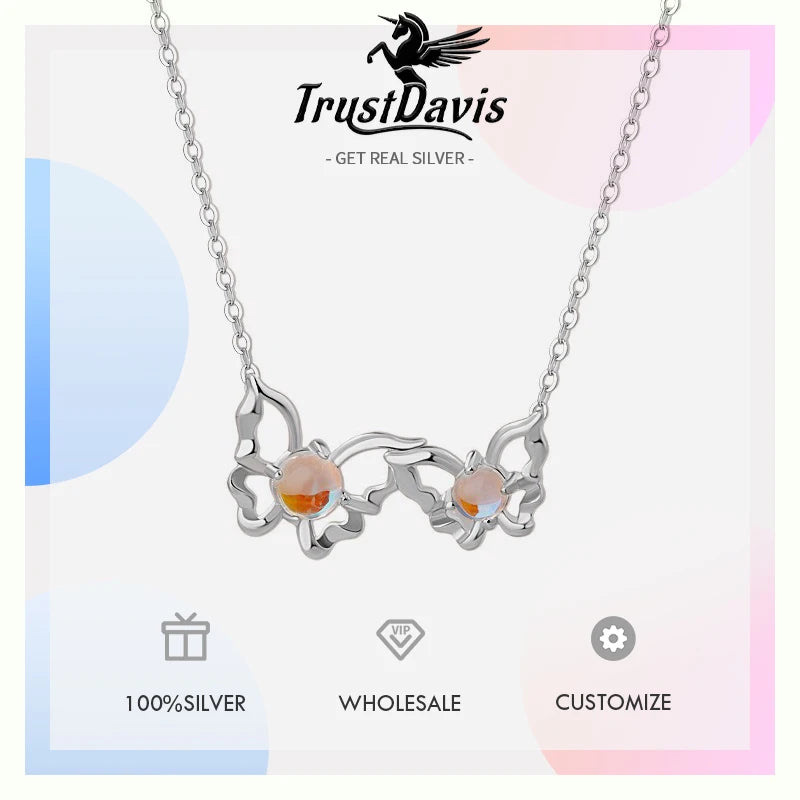 TrustDavis 925 Sterling Silver Women's Fashion Butterfly Moonstone Necklace and Earring Set for Women Girls Jewelry Gift DS4302