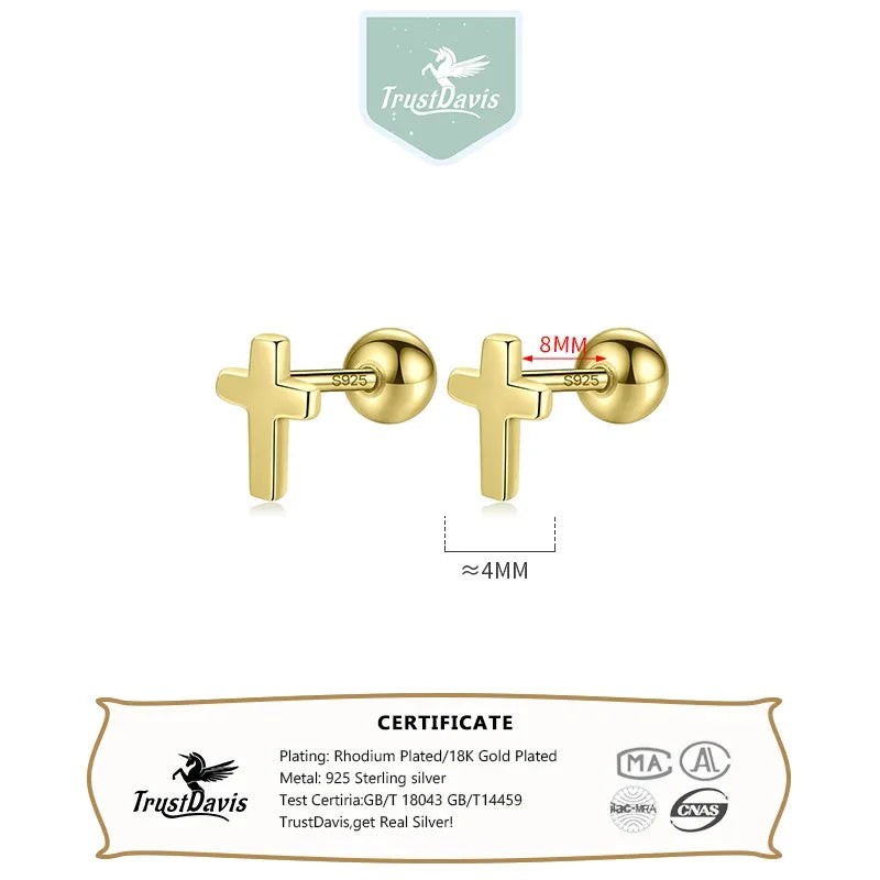 TrustDavis Real 925 Sterling Silver Mini Cross Bead Screw Stud Earrings For Daughter Girls Birthday Gift Fine Jewelry DA00297