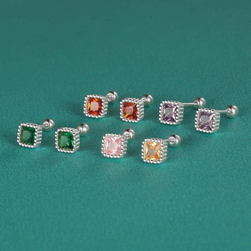 TrustDavis 100% 925 Sterling Silver Square Zircon CZ Screw Stud Earrings for Daughter Girls Fine Jewelry Gift DF2043