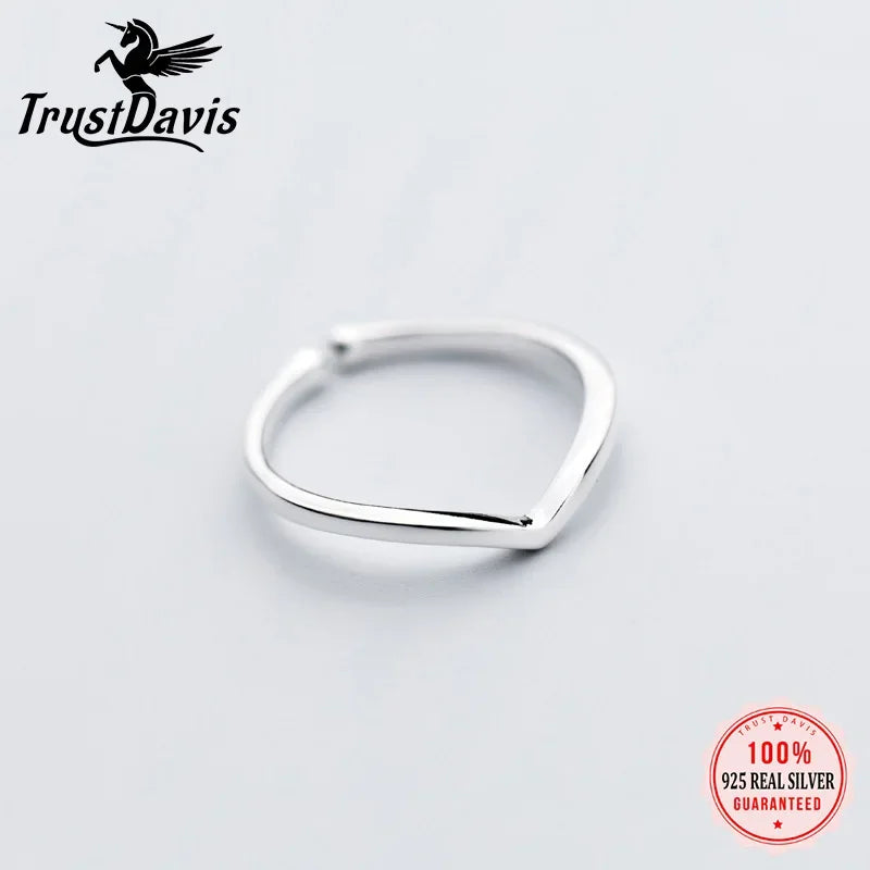 TrustDavis Women V Shape Ring Letter Opening Fashion Jewelry Pure 100% 925 Sterling Silver Finger Rings Best Gift DS435