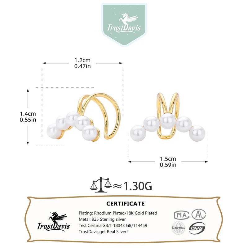 TrustDavis Real 925 Sterling Silver Women's Fashion Simple Pearl Clip Earrings for Women Girls Birthday Gift Fine Jewelry DS4665