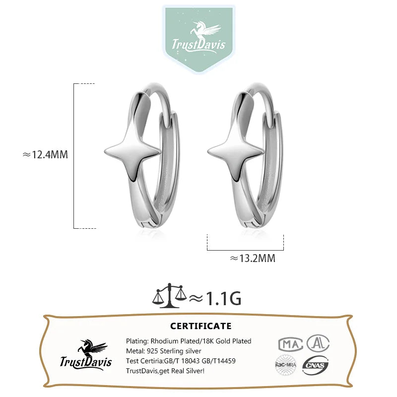 TrustDavis Real 925 Sterling Silver Fashion Simplicity Four Star Hoop Earring for Women Wedding Birthday Fine Jewelry DS4447