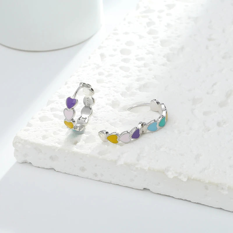 TrustDavis 925 Sterling Silver Women's Fashion Simple Colorful Epoxy Heart Hoop Earrings for Women Girls Jewelry Gift DS4433