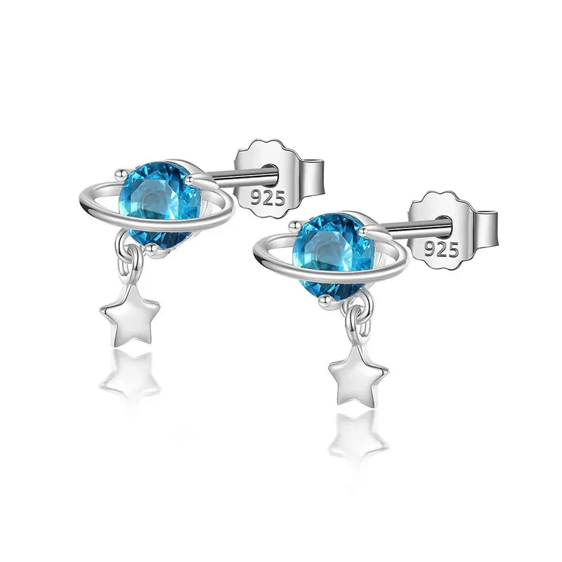 Black CZ Stone Star Planet Stud Earrings DA788