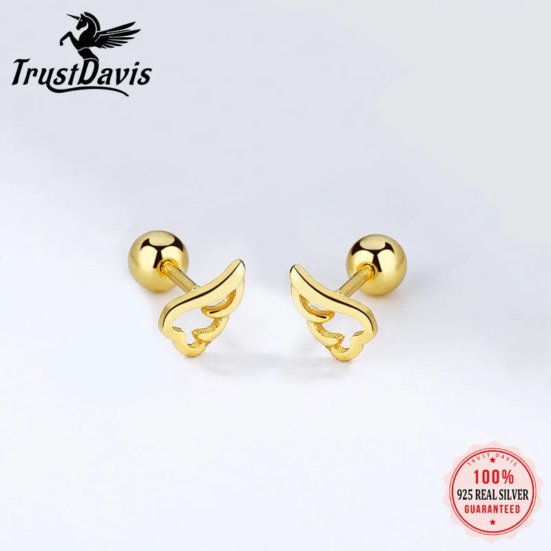 Real 925 Sterling Silver Angel Wing Bead Screw Earrings DA2876