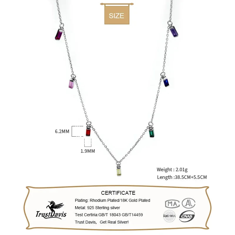 TrustDavis Real 925 Sterling Silver Sweet INS Tassel Colour CZ Stone Necklace For Women Wedding Party Fine S925 Jewelry DA1730