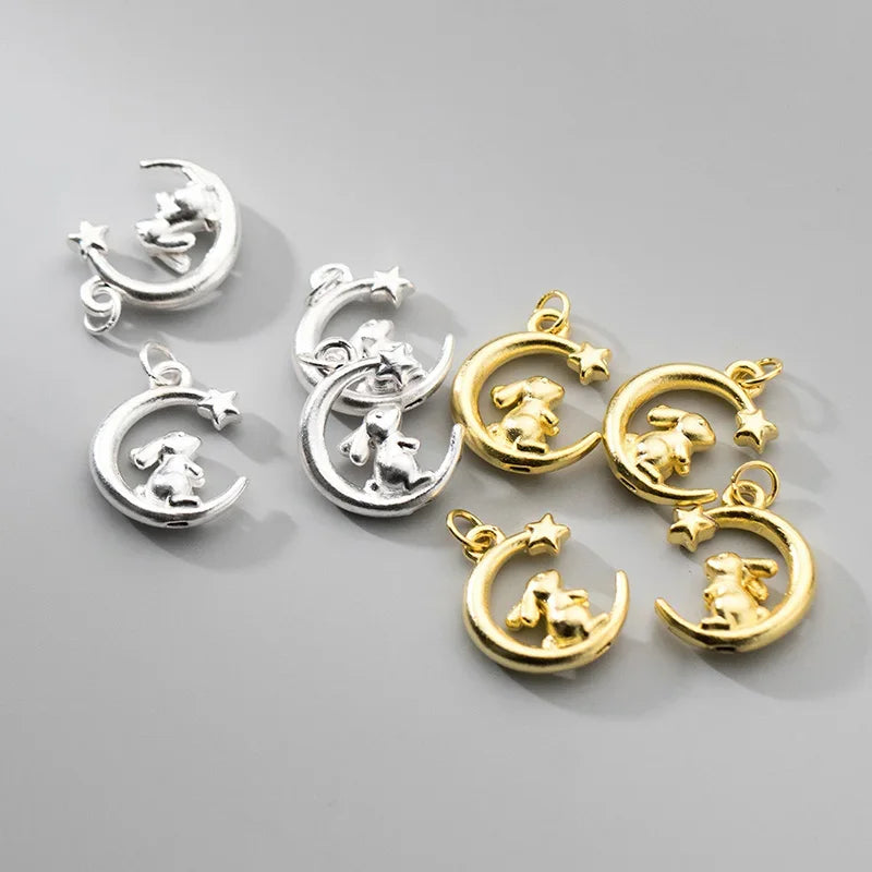 TrustDavis Real 925 Sterling Silver Sweet Rabbit Moon Charm Pendant Handmade DIY Fit Necklace Bracelet Accessories Jewelry DZ747