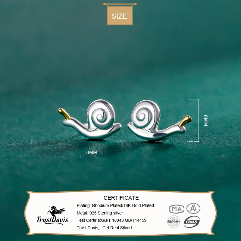 TrustDavis Real 925 Sterling Silver Sweet Personality Creative Snail Stud Earrings Gift For Women Girls Kids Lady Jewelry DF350