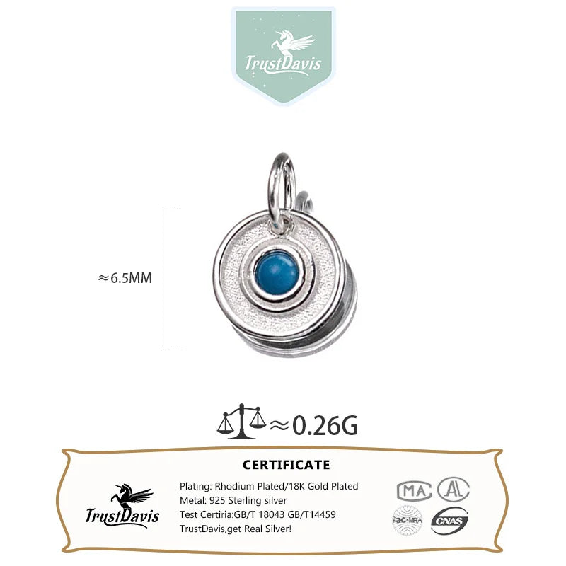 TrustDavis 925 Sterling Silver Fashion Classic Round Turquoise Pendant DIY Necklace Bracelet Accessories Fine Jewelry DZ1839