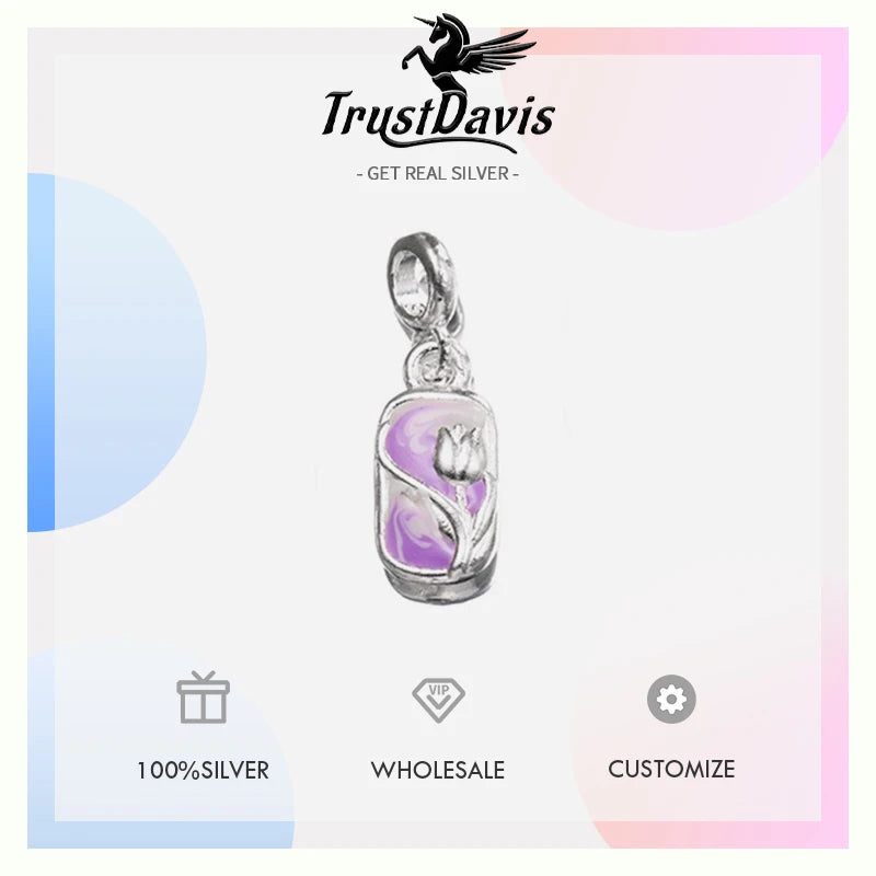 TrustDavis 925 Sterling Silver Fashion Classic Cute Square Tulip Pendant DIY Necklace Bracelet Accessories Fine Jewelry DZ1843