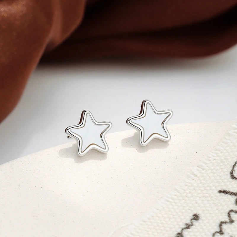 TrustDavis 925 Sterling Silver Women's Fashion Simple White Mother-of-pearl Star Earrings for Women Girls Jewelry Gift DS4664