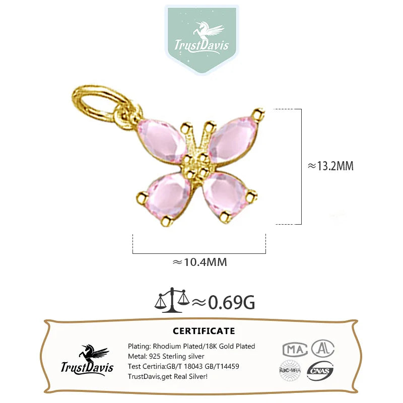 TrustDavis Real 925 Sterling Silver Sweet Zircon Butterfly Charm Pendant Handmade DIY Accessories Fine Jewelry Wholesale DZ1716