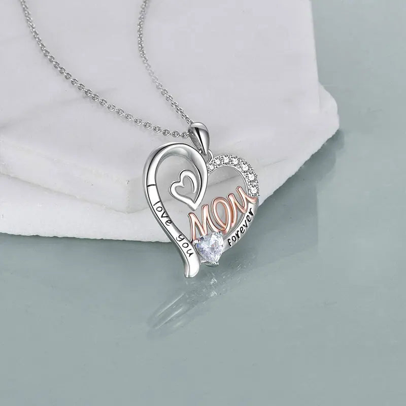 TrustDavis 925 Sterling Silver Heart-shaped Letters Mom with Diamond Necklace for Mother's Day Birthday Gift Jewelry DS4190