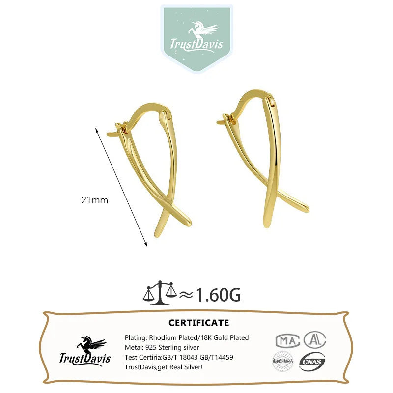 TrustDavis Real 925 Sterling Silver Women's Fashion Simple Cross X-shape Earrings for Women Girls Gift Fine Jewelry DS4674