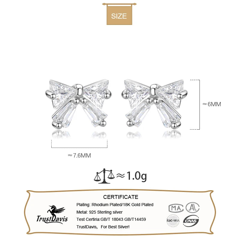 Real 925 Sterling Silver Earring Bowknot Shiny Zircon Screw Earrings DS3476