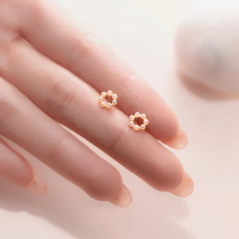 TrustDavis Real 925 Sterling Silver Fashion Hollow Flower Synthetic Pearl Stud Earrings For Women Wedding Party Jewelry DB376