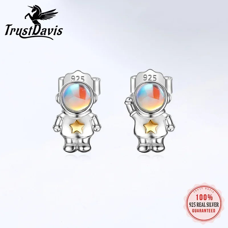 TrustDavis Real 925 Sterling Silver Sweet Astronaut Star Moonstone Earrings For Daughter children Birthday Gift Jewelry DA2568