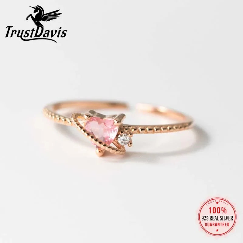 TrustDavis Girls Real 925 Sterling Silver Ring Romantic Heart Zircon Open Size For Women Girls Birthday Jewelry Gift DS4148