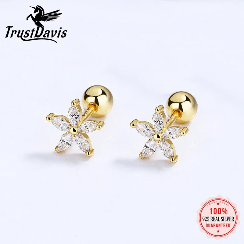 Flower Shiny CZ Bead Screw Stud Earrings For Women Wedding Fine Jewelry DA2491