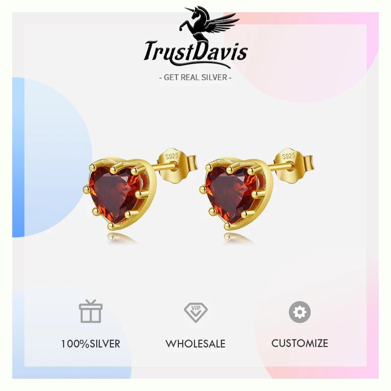 TrustDavis 925 Sterling Silver Fashion Women's Jewelry Romantic Red Heart With CZ Stud Earring Gift For Girls Kids Lady DB1236