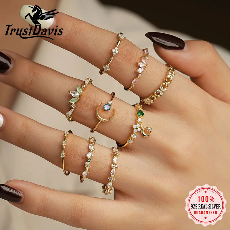 TrustDavis 925 Sterling Silver Women's Single Vintage Colored Zircon/star/moon/flower Ring for Women Girls Jewelry Gift DS4332