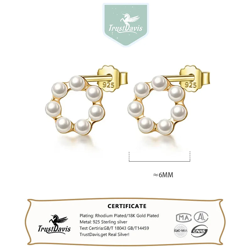 TrustDavis Real 925 Sterling Silver Fashion Hollow Flower Synthetic Pearl Stud Earrings For Women Wedding Party Jewelry DB376