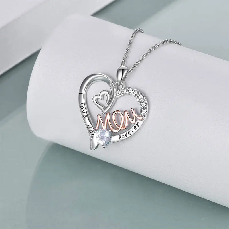 TrustDavis 925 Sterling Silver Heart-shaped Letters Mom with Diamond Necklace for Mother's Day Birthday Gift Jewelry DS4190