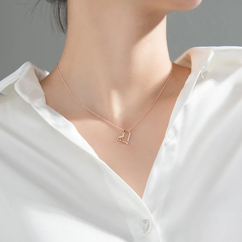 Real 925 Sterling Silver Romantic Heart Shiny Pendant Clavicle Necklace DS1098