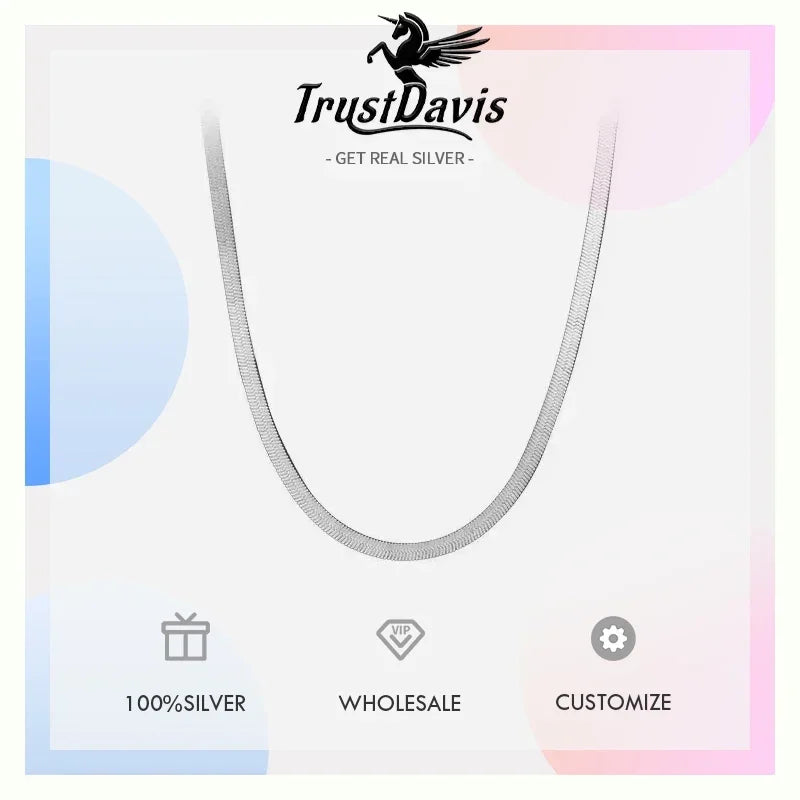 TrustDavis 925 Sterling Silver Simple Snake Chain Clavicle Charming Necklace for Women Fashion Korean Necklace Jewelry DA3222