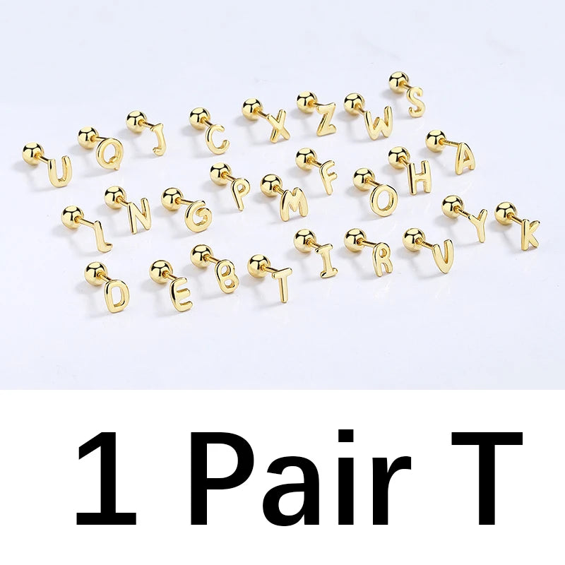 TrustDavis Real 925 Sterling Silver 26 Letter Screw Beads Stud Earring For Women Children Baby Minimalist Fine Jewelry DA2867