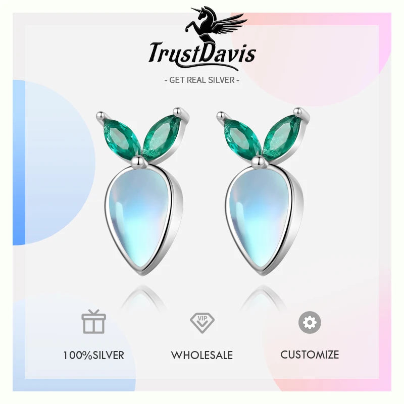 TrustDavis Real 925 Sterling Silver Fashion Moonstone Radish Firefly Stud Earrings for Daughter Girls Fine Jewelry Gift DZ1707