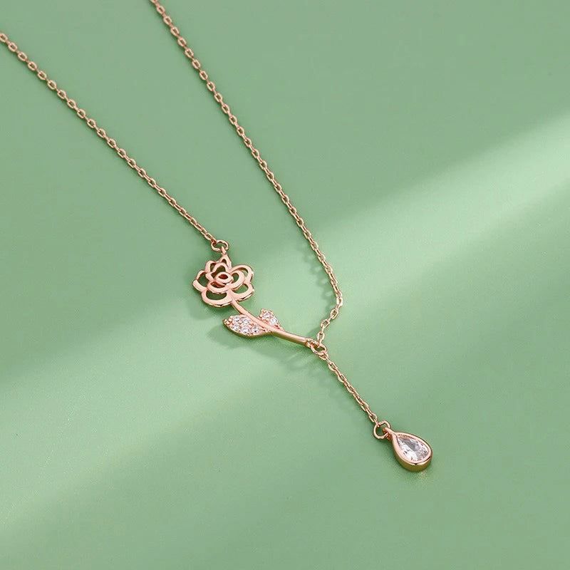 TrustDavis 925 Sterling Silver Women's Fashion Simple Rose Zircon Tassel Necklace for Women Girls Jewelry Gift DS4275