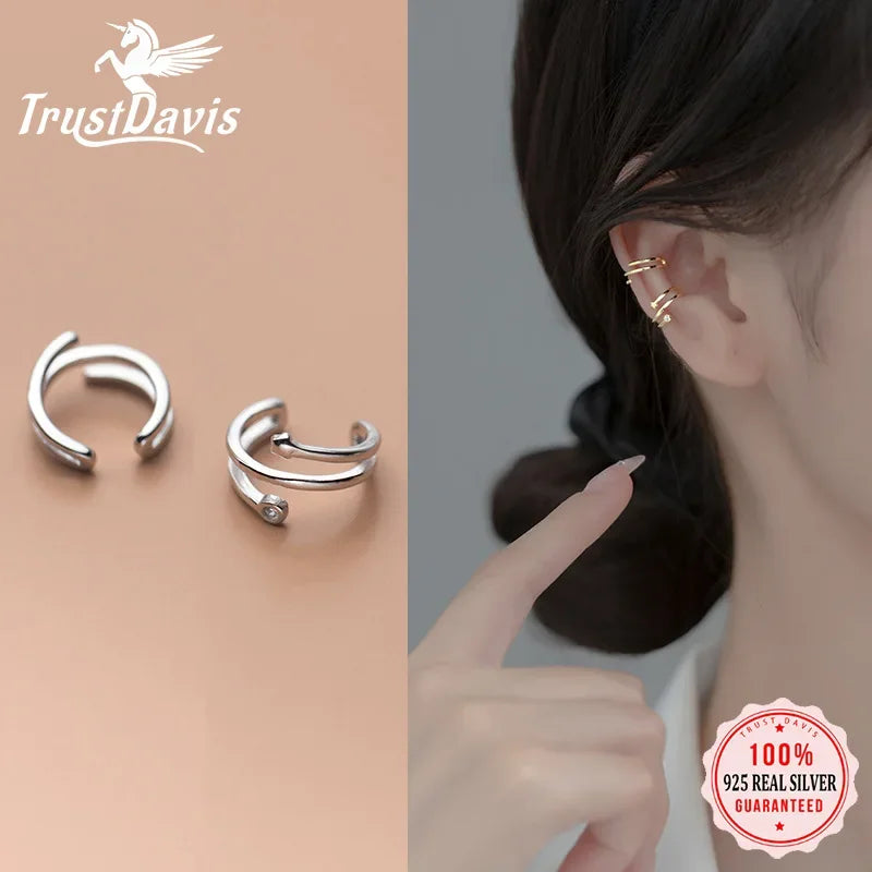 TrustDavis Real 925 Sterling Silver Fashion Sweet 3 Layer Star CZ Charm Clip Earrings For Women Wedding Party Jewelry DA2467