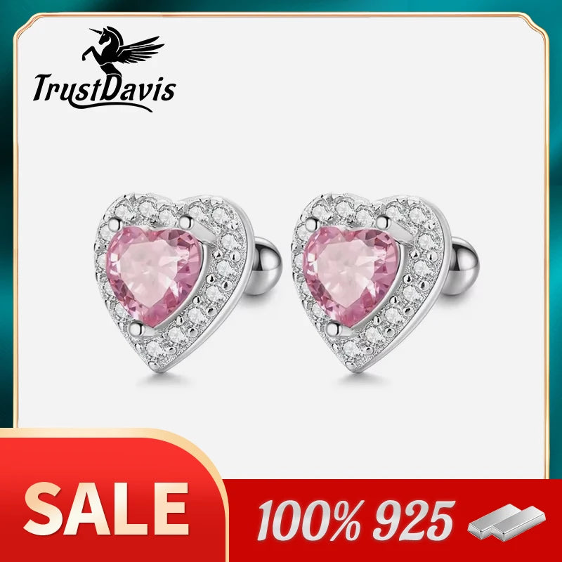 TrustDavis Authentic 925 Sterling Silver Pink Red Heart CZ Stud Earrings for Women Girls Kids Birthday Gift Jewelry DS3921