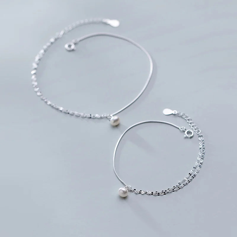 TrustDavis 925 Sterling Silver Pearl Double Layer Anklets Bracelet Bangle For Women Fashion Silver 925 Jewelry DA408